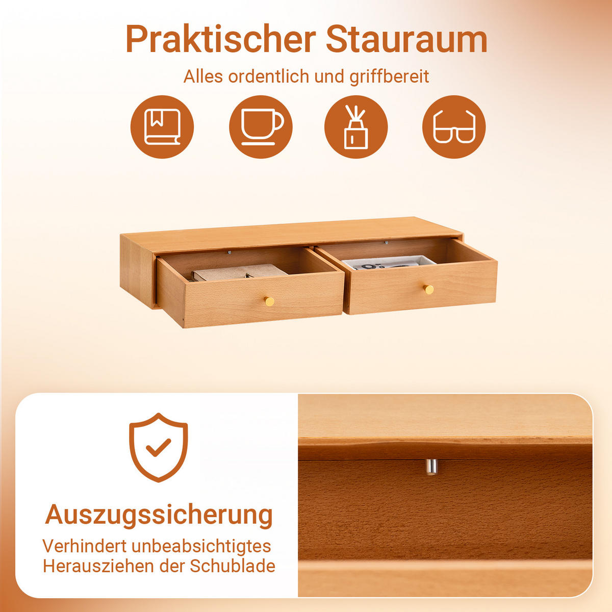 SCHWEBEREGAL mit 2 Schubladen, 60×20×10 cm, Natur - Naturfarben, Holzwerkstoff (60/10/20cm) - SoBuy