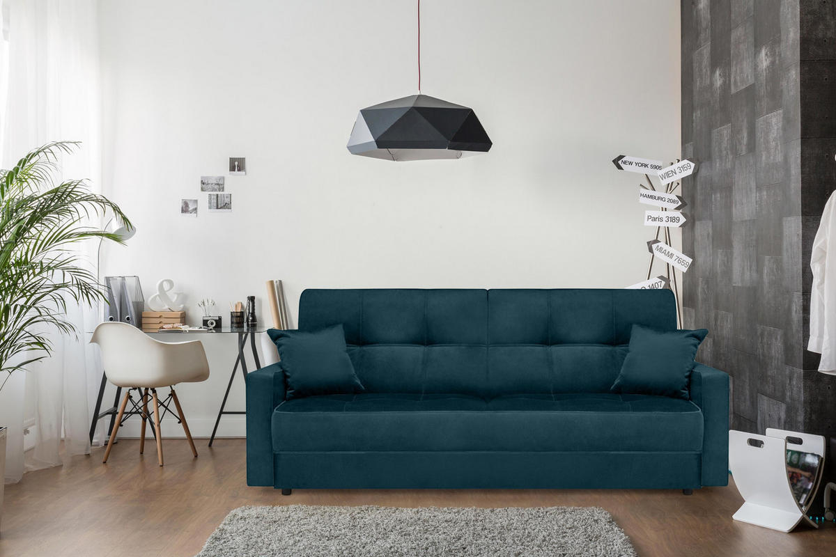 SCHLAFSOFA ORIO 3 Personen, Velours-Stoff, Türkis - Türkis, Textil (219/90/90cm) - KONSIMO®
