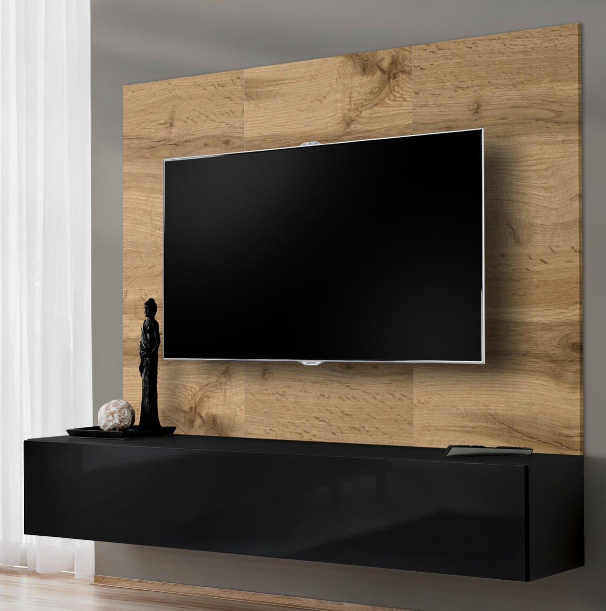 TV-LOWBOARD Eiche Wotan und schwarz 180 cm, Set hängend inklusive Akustikpaneel - Eiche Wotan/Schwarz, Holzwerkstoff (180/148/40cm) - Inn.Furn