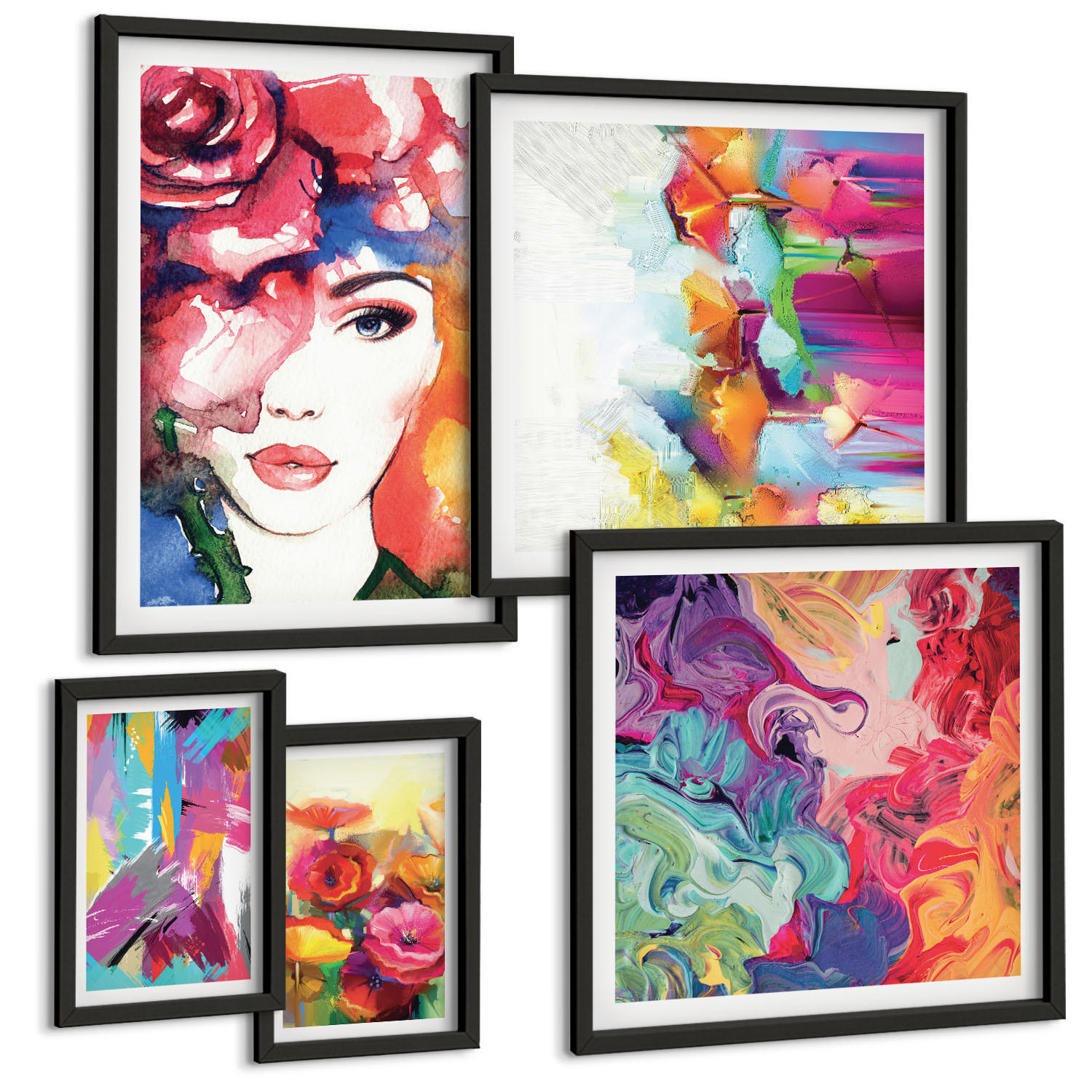 BILDER SET 5er Set - 50x50 cm & 20x30 cm & 40x60 cm Schwarzer Rahmen - Farbenfrohe Abstraktionen der Form - Schwarz, Kunststoff (40/60cm) - TULUP