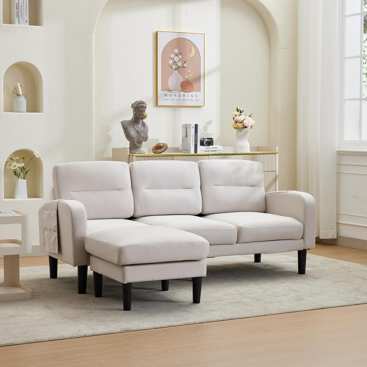 ECKSOFA mit Chaiselongue und Seitentasche für flexible Nutzung - Beige, Textil (204/136cm) - EVRYAE