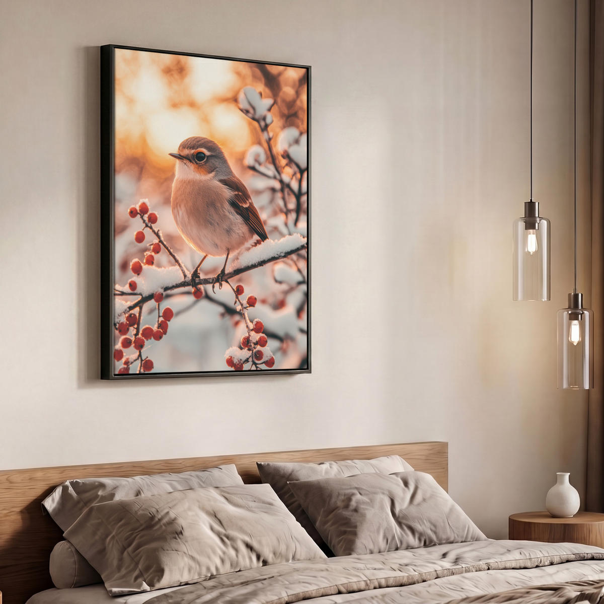 LEINWAND Bilder mit Rahmen - Vogel - Zweig - Winter - Tiere - Schnee - 70x100 - Bernsteinfarben, Textil (70/100cm) - MuchoWow