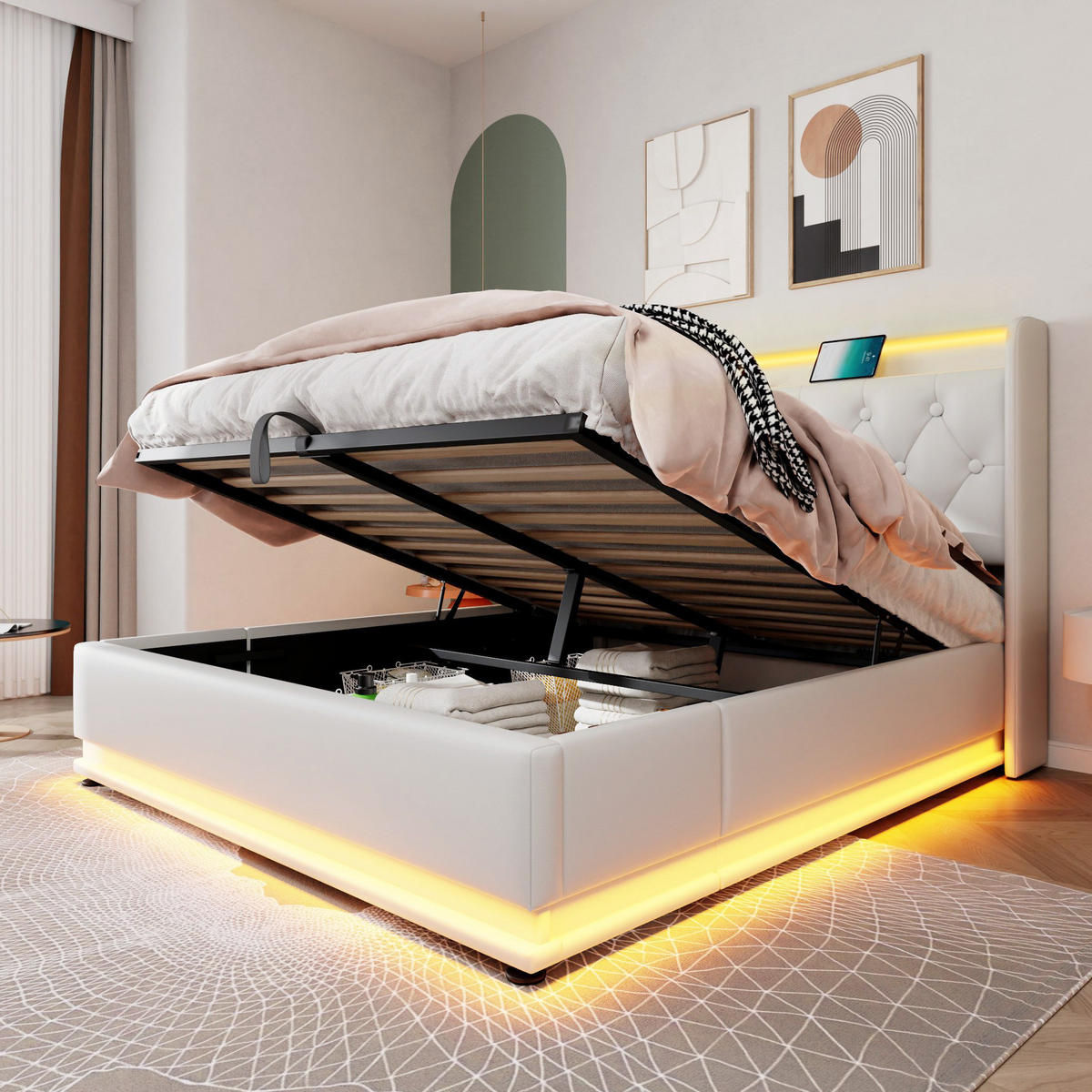 POLSTERBETT mit LED und Stauraum 140x200 cm PU Weiß - Weiß, Metall (140/200cm) - Meubliv