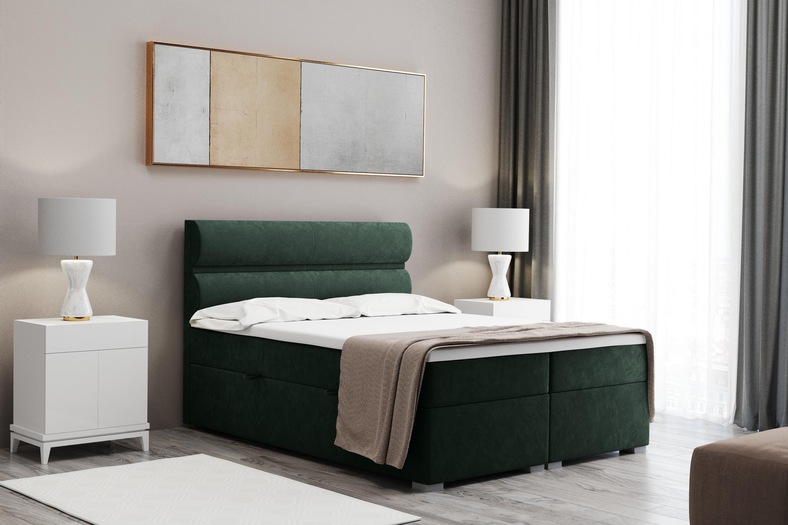 BOXBETT Mit Bettkasten, Matratze Und Topper VERA Stoff Riviera 200x200 cm Grün H3-Bonell - Grün, Holz/Textil (200/200cm) - Kaiser Möbel