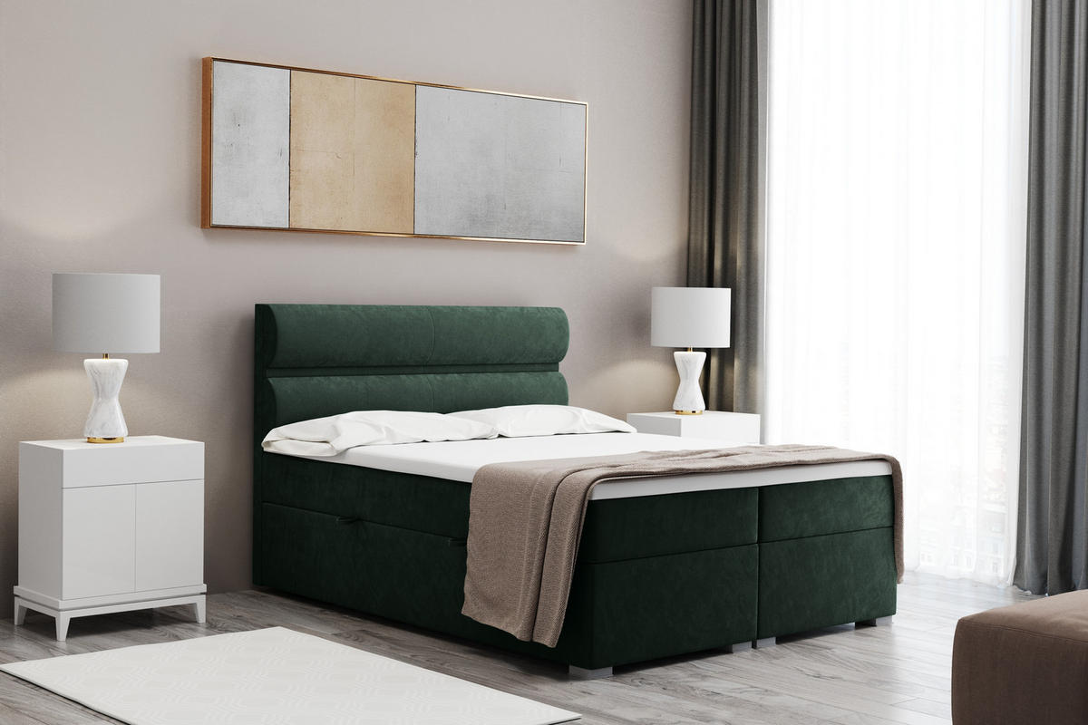 BOXBETT Mit Bettkasten, Matratze Und Topper VERA Stoff Riviera 120x200 cm Grün H3-Bonell - Grün, Holz/Textil (120/200cm) - Kaiser Möbel