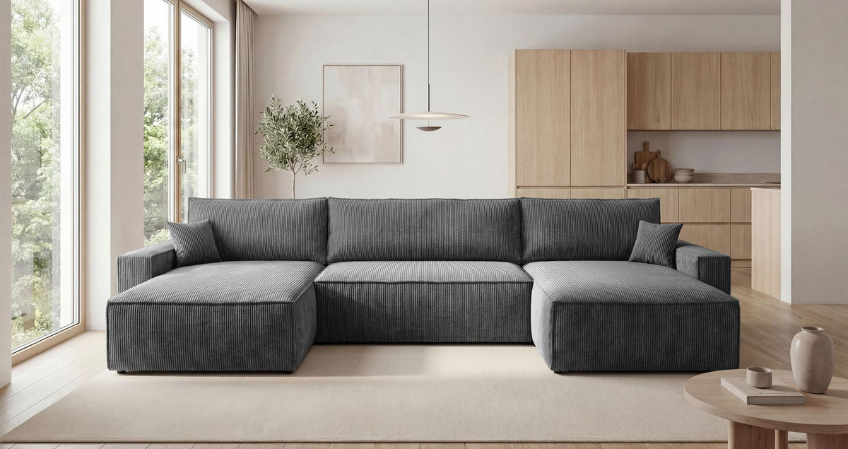 WOHNLANDSCHAFT VIENNA U-Form dunkelgrau Cord Poso 60 - Schlaffunktion, Bettkasten - Anthrazit, Textil (385/86/185cm) - Cornero