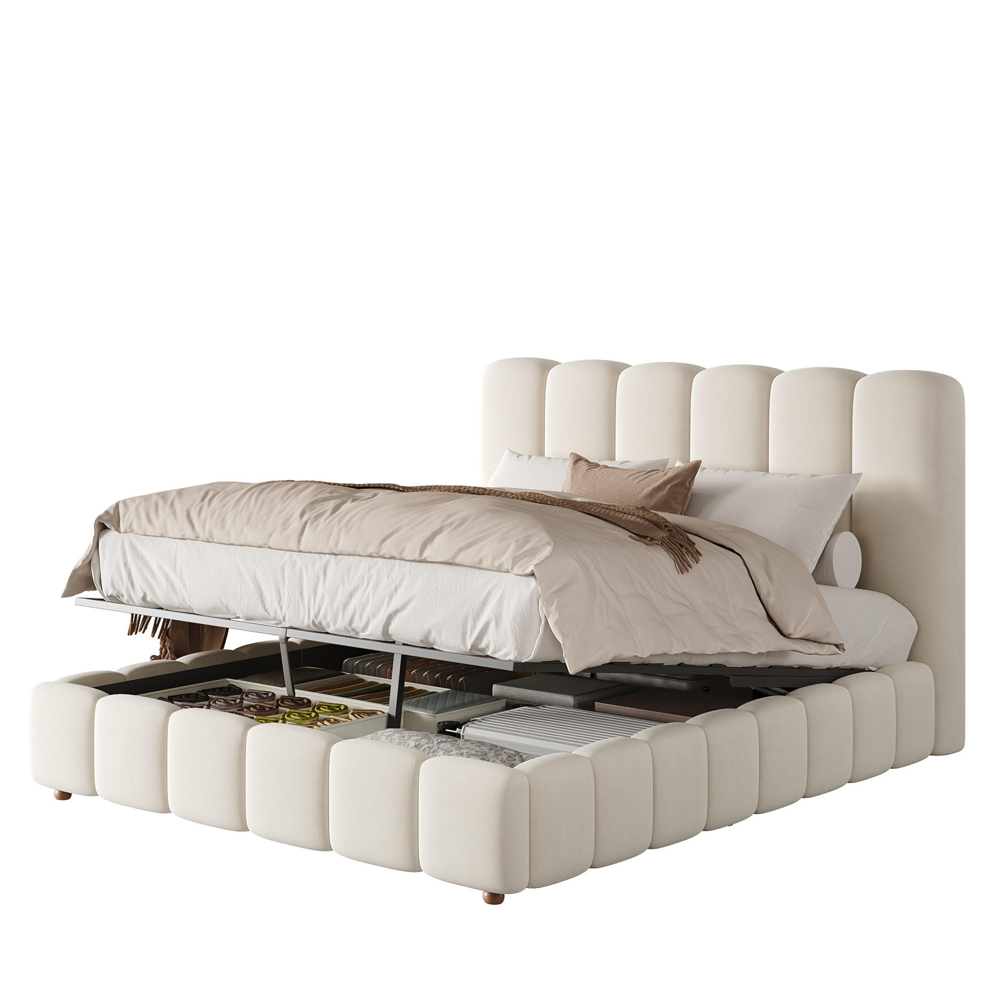 POLSTERBETT aus Samt 140x190 cm Beige mit Lattenrost, hydraulischem Bettkasten und Kopfteil - Beige, Textil (140/190cm) - Modfu
