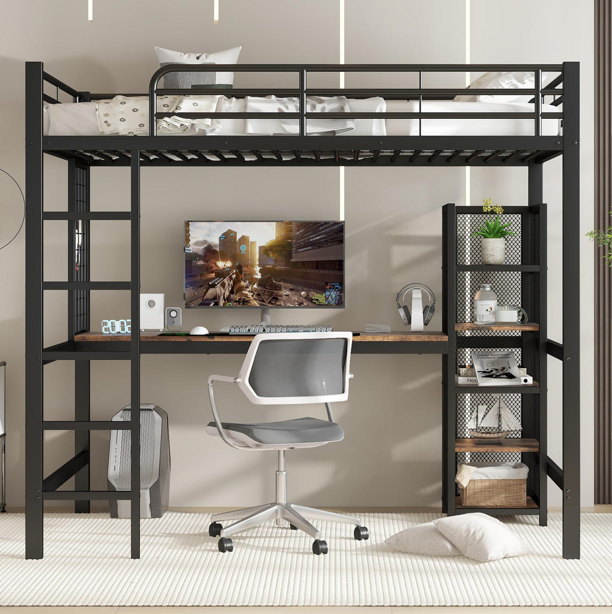HOCHBETT 90/200 cm schwarz aus Metall mit Tisch und Regal mit Metallgitter - Schwarz, Holzwerkstoff (90/200cm) - OKWISH