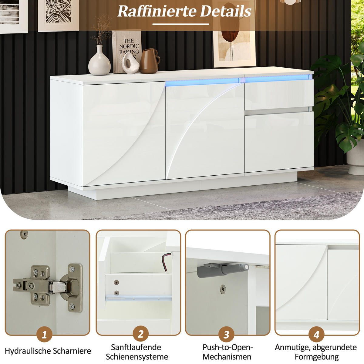 SIDEBOARD Weiß Hochglanz mit LED & 3 Türen 1 Schublade 140×40×60 cm - Weiß, Holzwerkstoff (140/60/40cm) - Urban Meuble