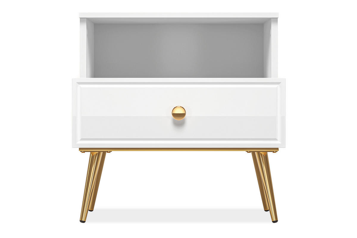 NACHTTISCH ISORIA mit Goldelementen, Glas Weiß - Goldfarben/Weiß, Holz/Metall (50/53/34cm) - KONSIMO®