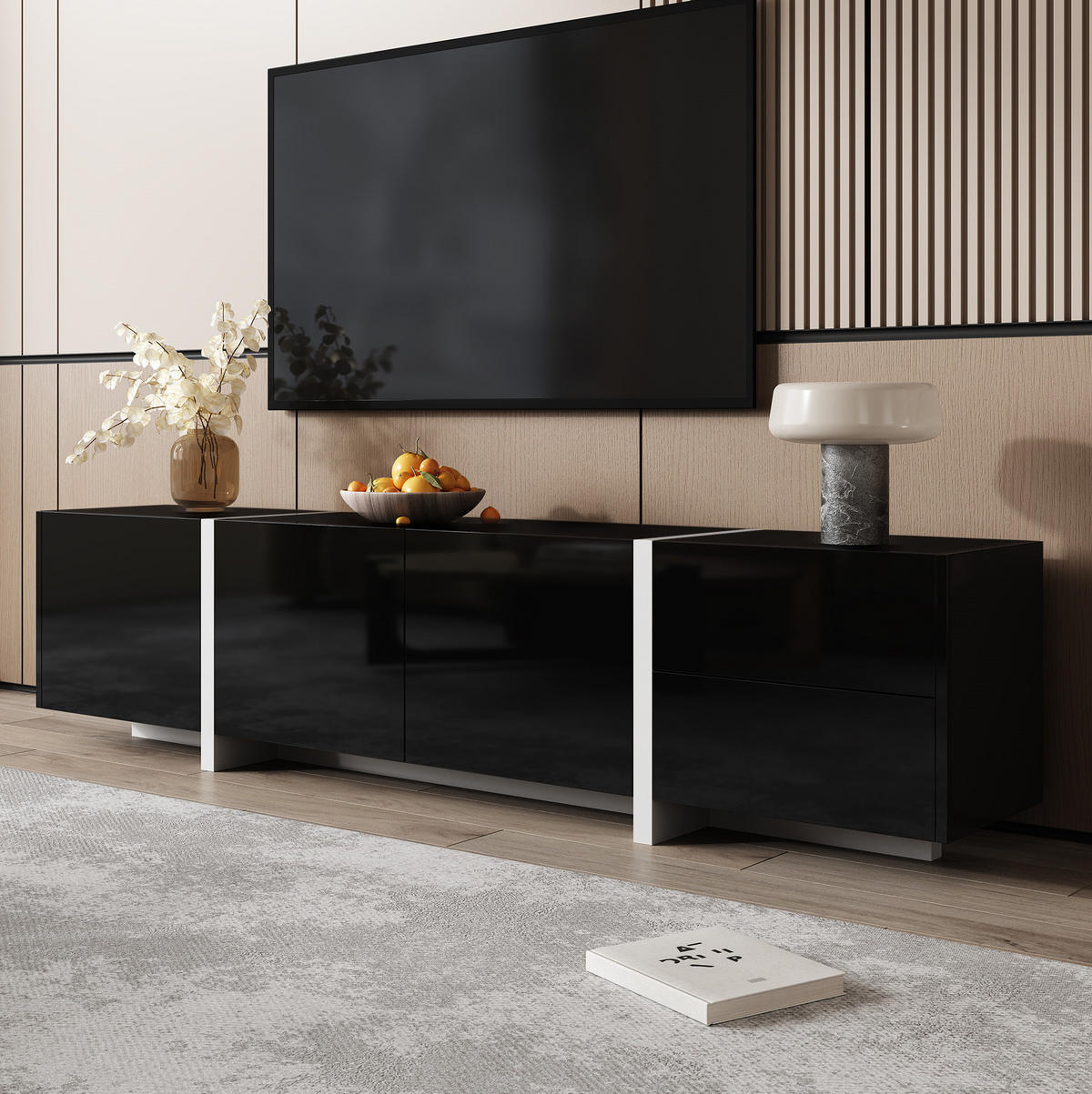 TV-LOWBOARD aus Holzwerkstoff 170x30x39 cm Schwarz/Weiß mit 3 Türen, 1 Schublade, Klappe und Kabeldurchlass - Schwarz, Holzwerkstoff (170/39/30cm) - Modfu