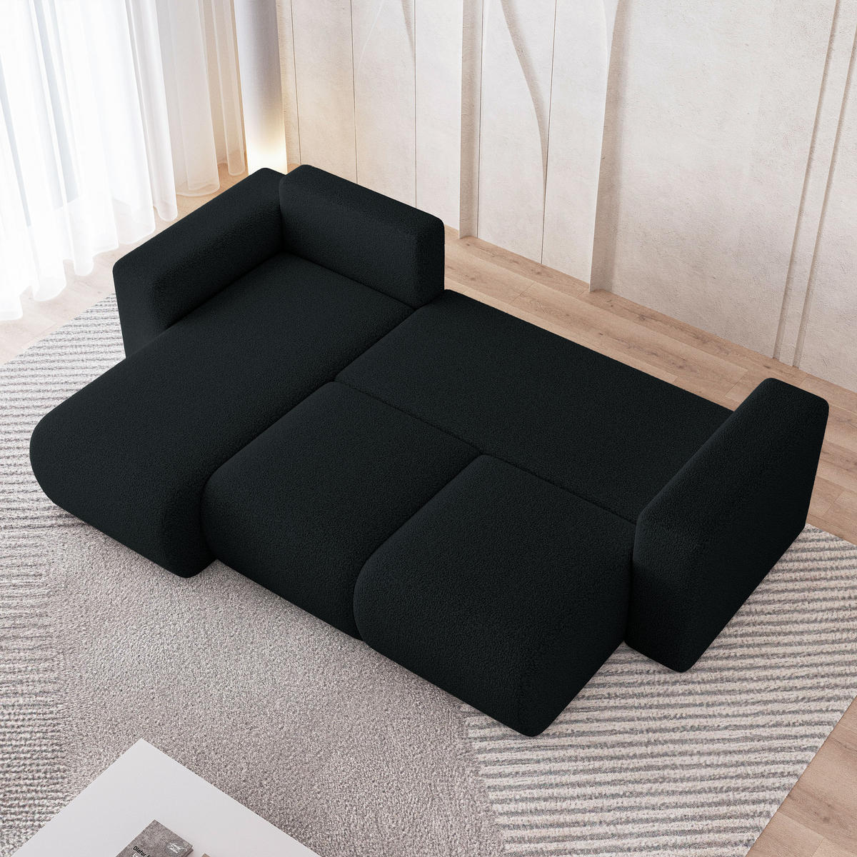 ECKSOFA RINOVA Schwarz Boucle-Stoff mit Schlaffunktion - Schwarz, Holz (250/143cm) - MASSENO