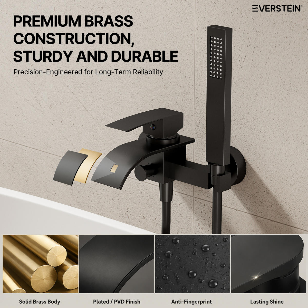 BADEWANNENARMATUR SFS-5005 Schwarz Matt, Aufputz mit Wasserfallauslauf 200 mm Handbrause 1500 mm Einhebel 150 mm Stichmaß - Schwarz, Metall (6/20/23cm) - Everstein