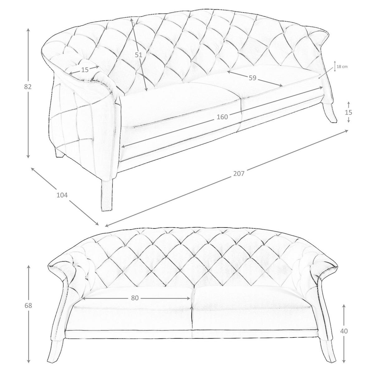 CHESTERFIELD-SOFA Chester Sofa 2 Sitzer grau Leder 207/104/82 cm - Grau/Honig, Leder (207/82/104cm) - ANGEL CERDA