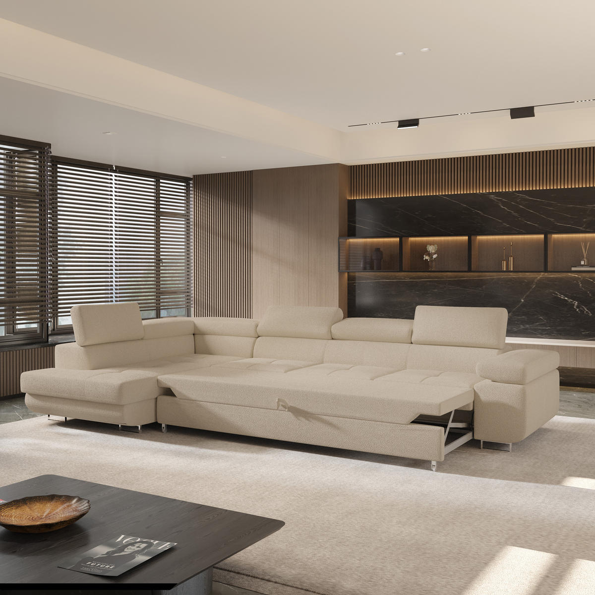 ECKSOFA VICENTE Beige Boucle-Stoff mit Schlaffunktion - Beige, Holz (346/202cm) - MASSENO