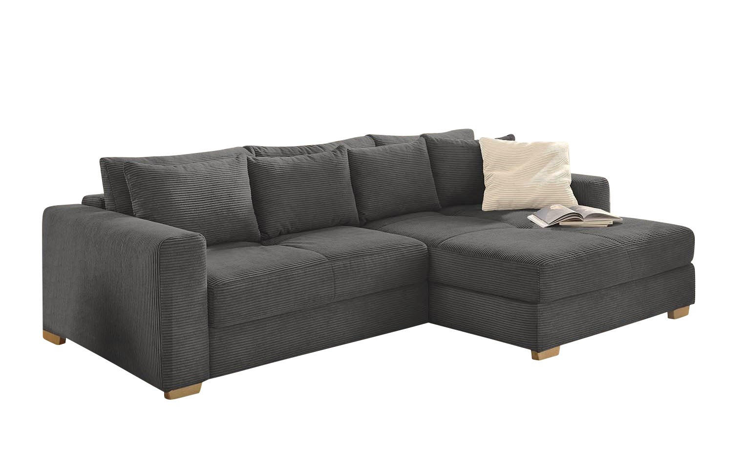 ECKSOFA-DAUERSCHLÄFER Federkern Bettkasten, seitenverkehrt montierbar B288/T186/H86 cm, Liegefl. 153x245 cm, Cord Grau Anthrazit / 15153 - Schieferfarben/Eichefarben, Holz/Textil (288/186cm) - luma-home