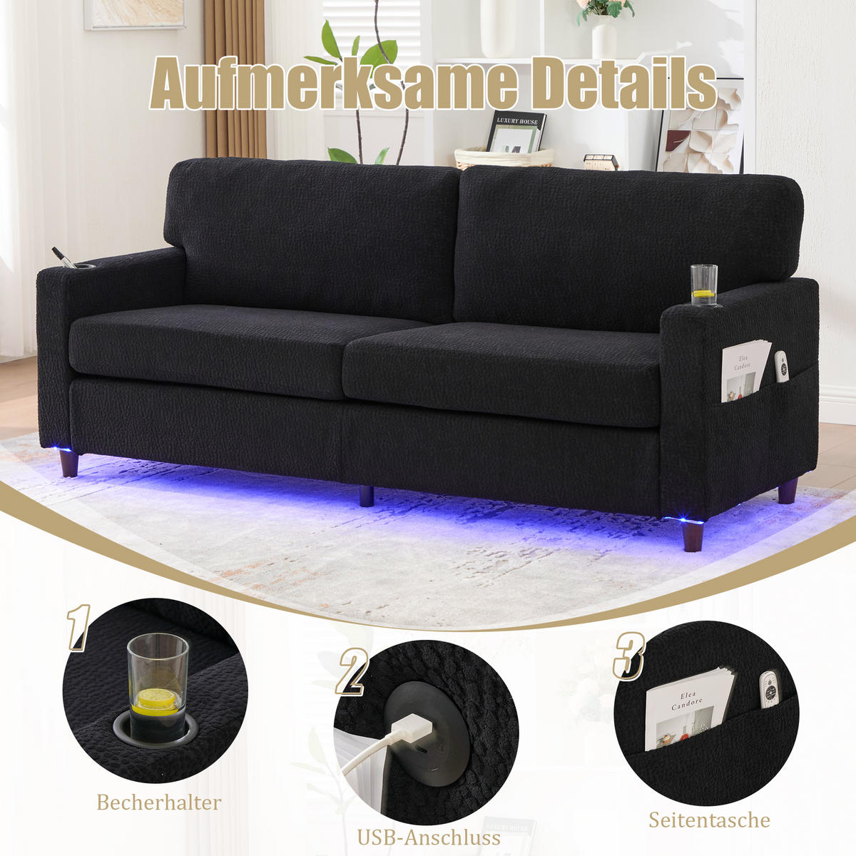 ZWEISITZER Sofa Chenille mit USB-Anschluss und LED-Licht 203/77,5/86 cm Schwarz - Schwarz, Textil (77.5/86/203cm) - Redom