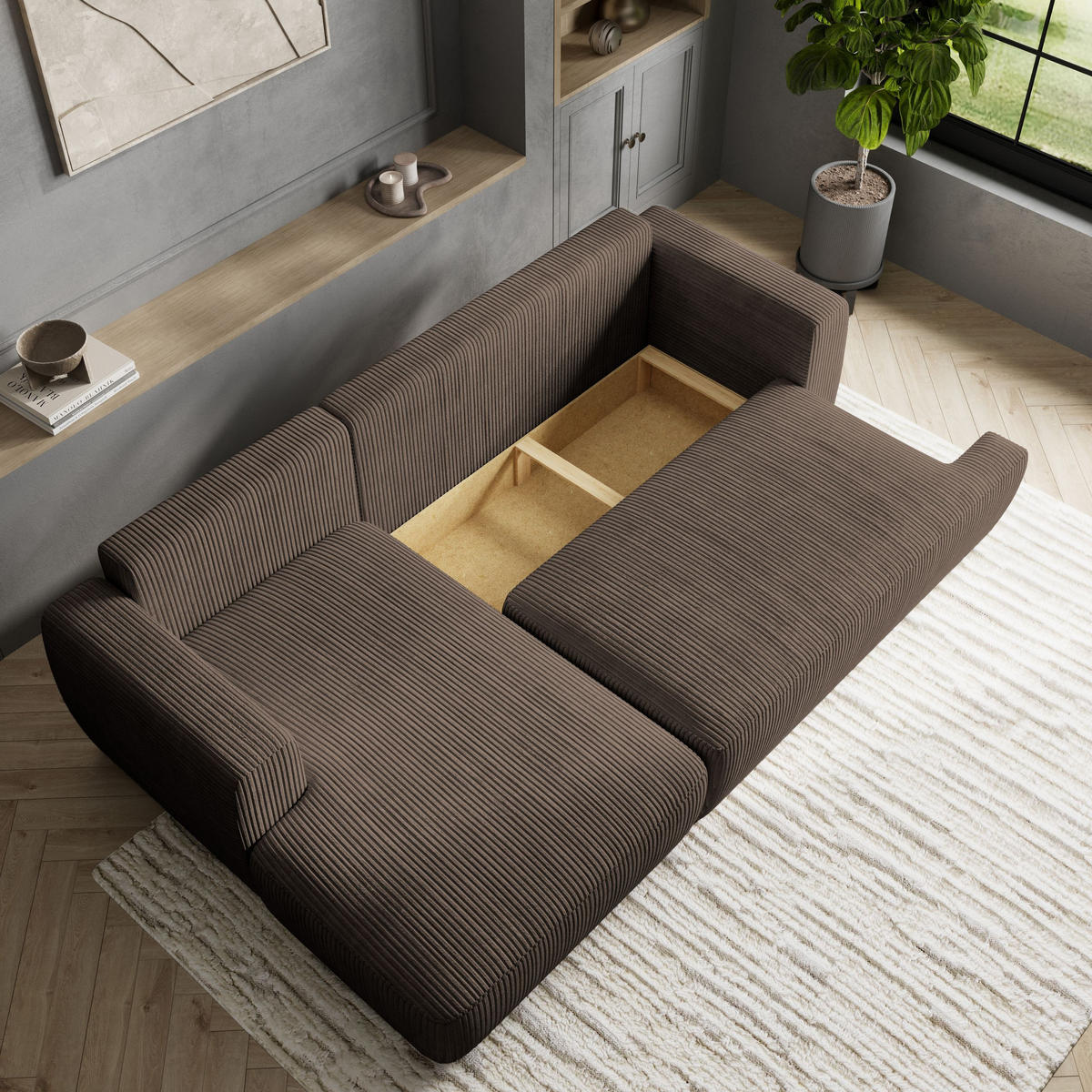 ECKSOFA SENTI P L-S Braun Kordstoff mit Schlaffunktion - Braun, Holz (246/148cm) - MASSENO