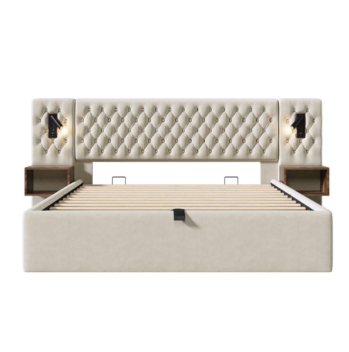 POLSTERBETT 180/200 cm Beige mit Stauraum, Nachttischen und USB- und Type-C-Anschlüssen - Beige, Textil (180/200cm) - Flora Grace