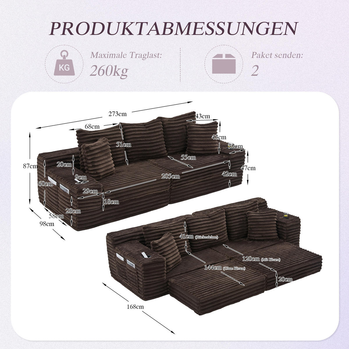 SCHLAFSOFA 273/98/87 cm Kaffee mit beidseitigen Taschen und Getränkehaltern - Mokka, Textil (107.48/34.25/38.58cm) - Oxeza
