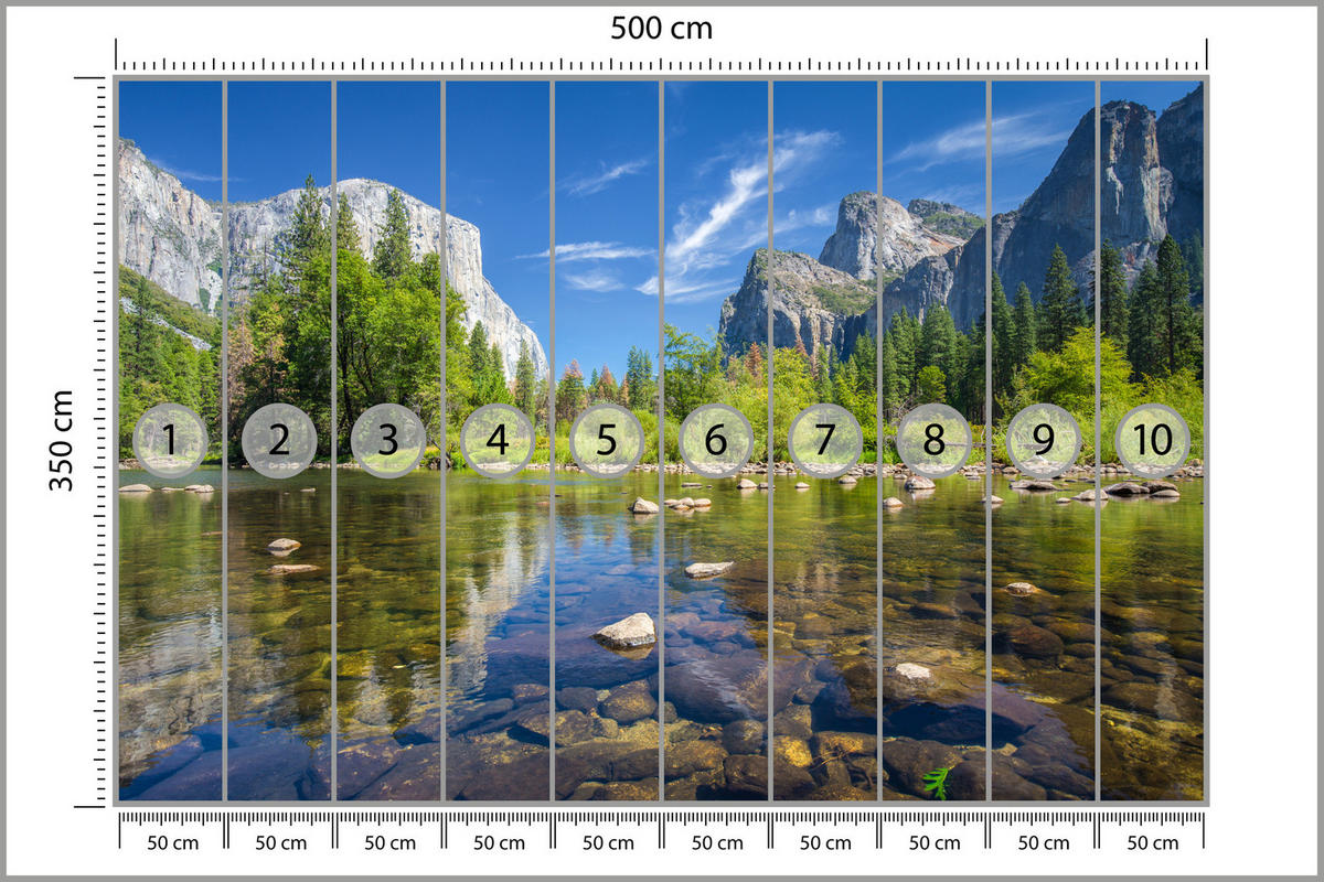 FOTOTAPETE für Wohnzimmer Yosemite Nationalpark Panorama Berge 500x350 - Blau/Beige, Papier (500/350cm) - Muralo