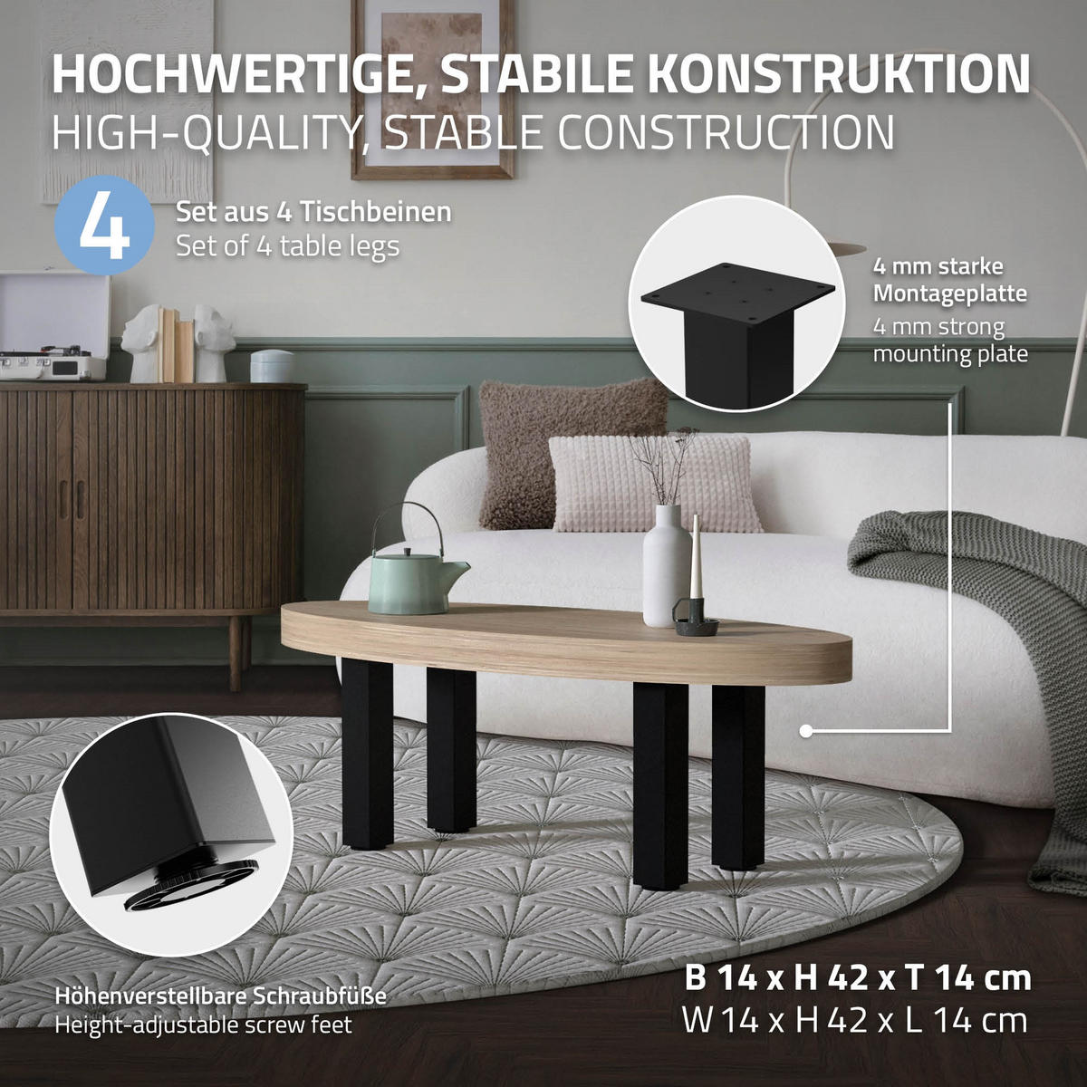 TISCHBEINE 4er Set I-Design H:42 cm Schwarz 8x8 cm - Schwarz, Metall (8/42/8cm) - ML-DESIGN