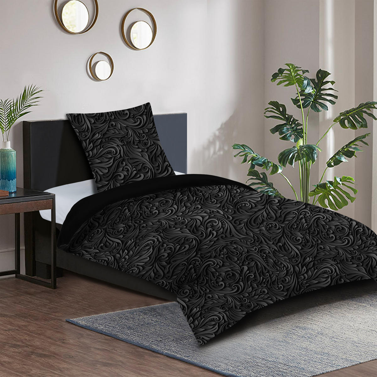 BETTWÄSCHE 4-teilig Floral - Schwarz, Naturmaterialien (135/200cm) - Sanilo
