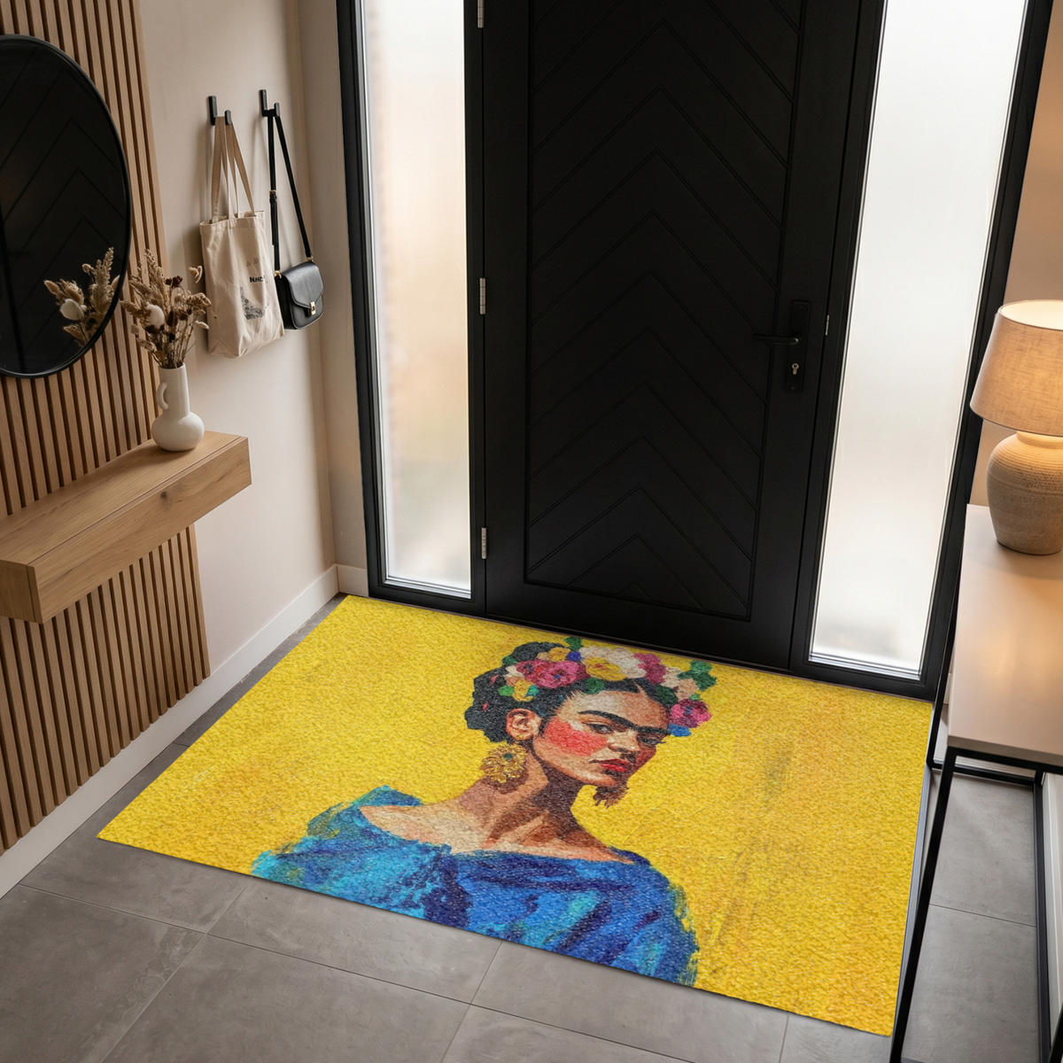 FUSSMATTE Frida Kahlo - Frau - Gelb - Blau - Blumen Schmutzfangmatte 180x120 cm - Gelb, Kunststoff (180/120cm) - MuchoWow