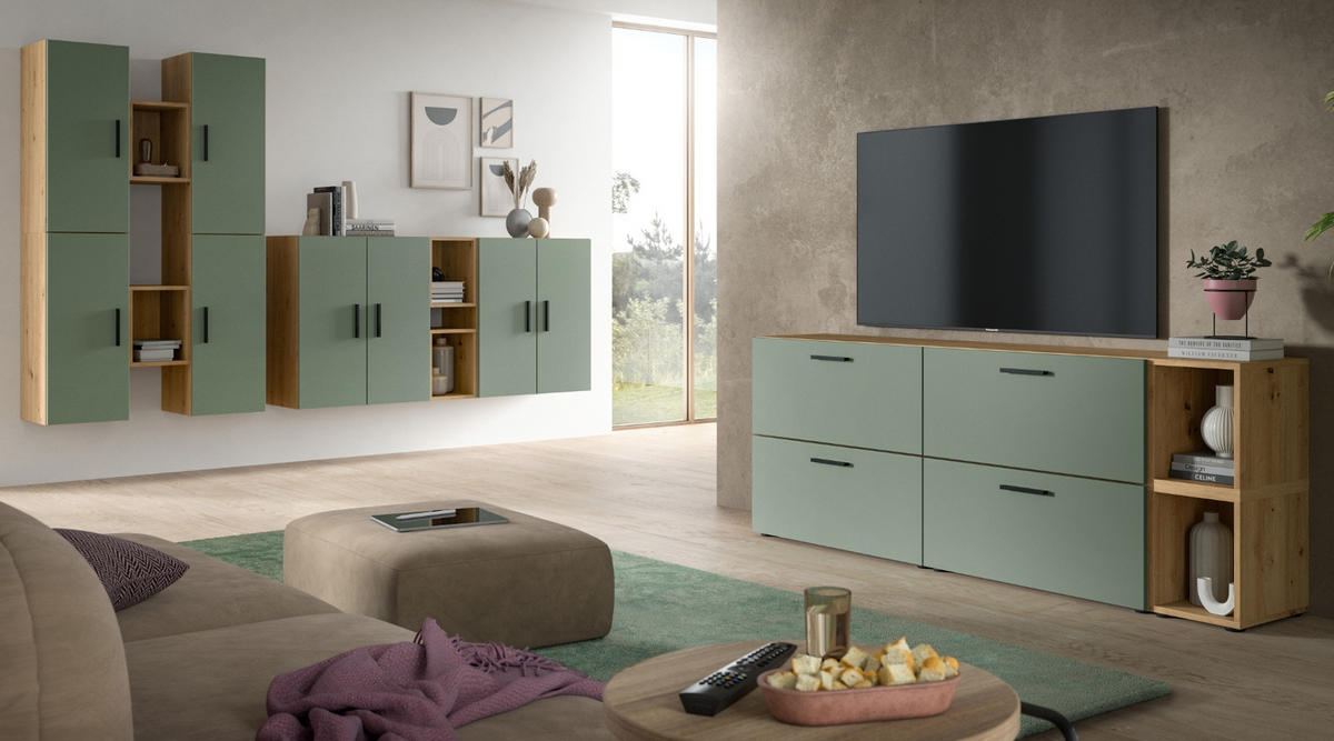 TV-LOWBOARD Grün, Eiche Artisan 176 cm, Fernsehtisch hängend / stehend - Schwarz/Eiche Artisan, Holzwerkstoff/Kunststoff (176/67/34cm) - Inn.Furn