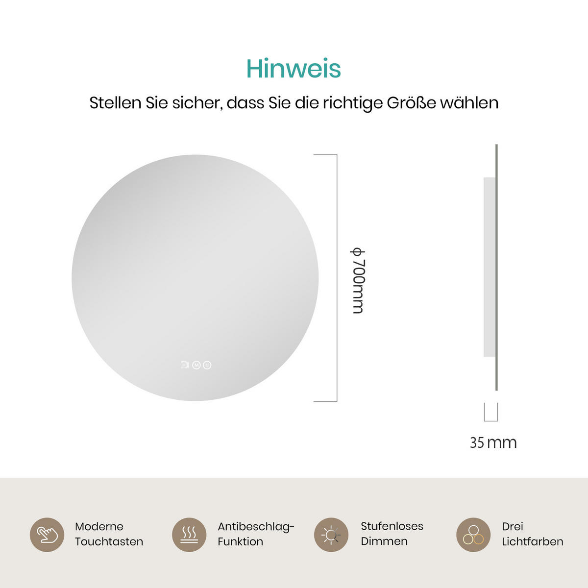 BADSPIEGEL rund mit Beleuchtung rahmenlos Ø70 cm - Weiß, Glas (70/3.5/70cm) - EMKE