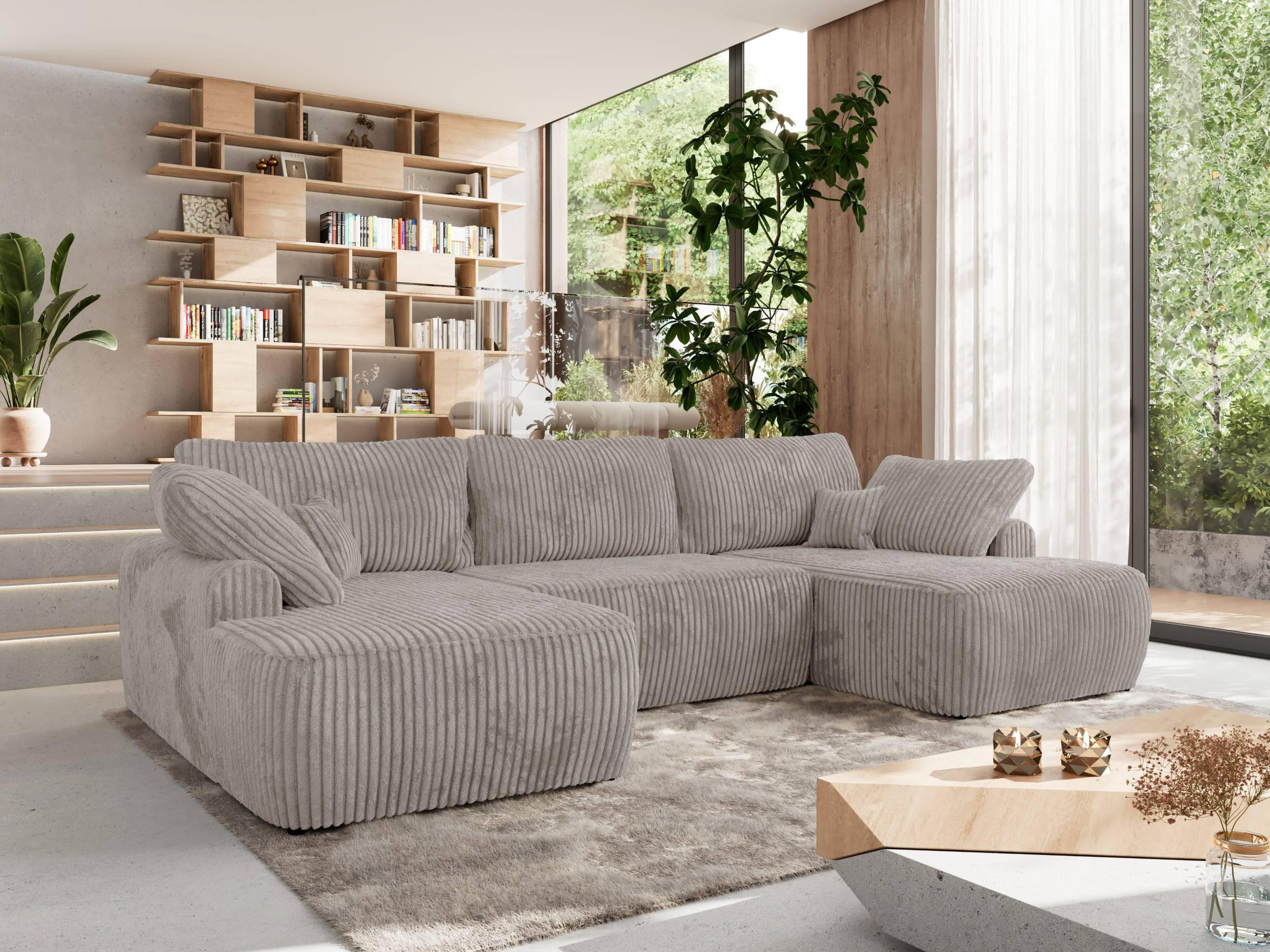 WOHNLANDSCHAFT CUBO U Hellbraun Cord - Hellbraun/Schwarz, Kunststoff/Textil (370/100/187cm) - MKS