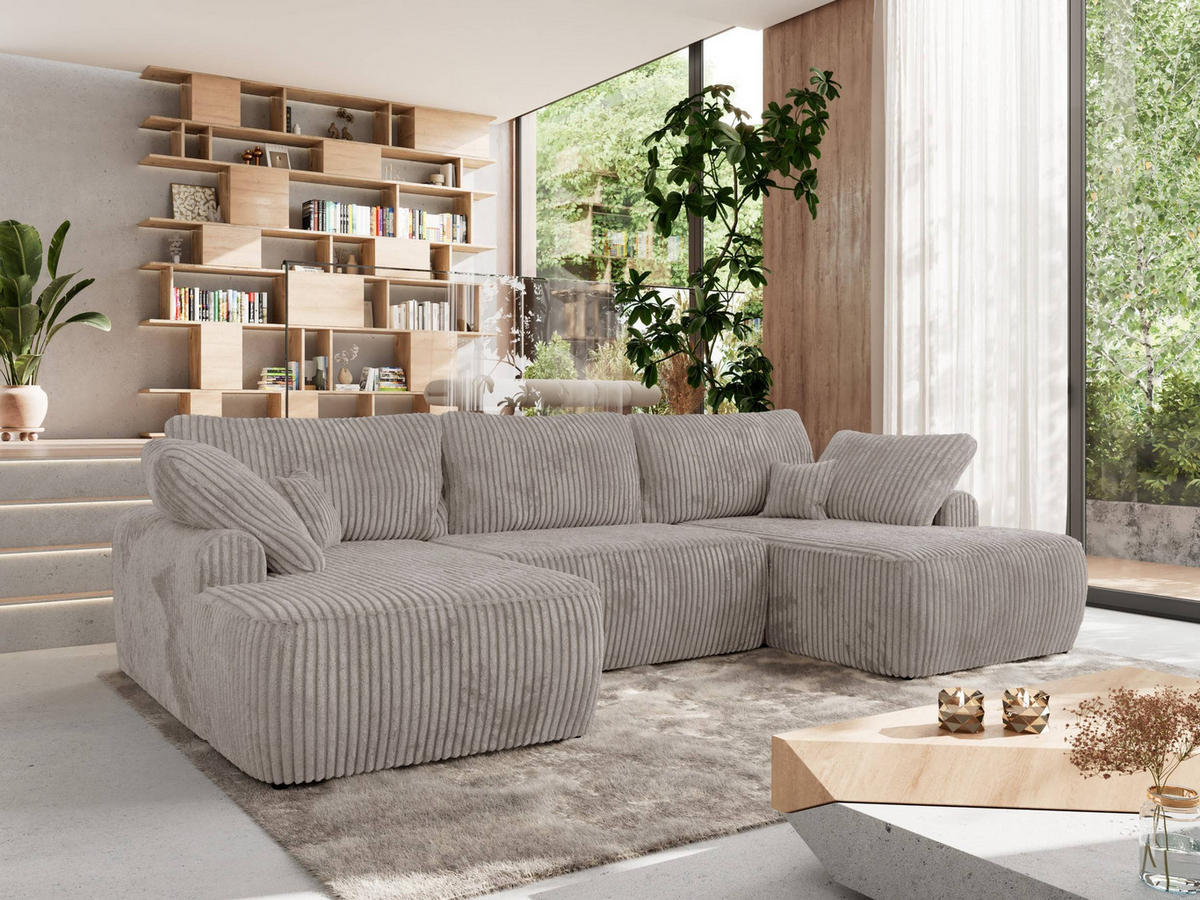 WOHNLANDSCHAFT CUBO U Hellbraun Cord - Hellbraun/Schwarz, Kunststoff/Textil (370/100/187cm) - MKS