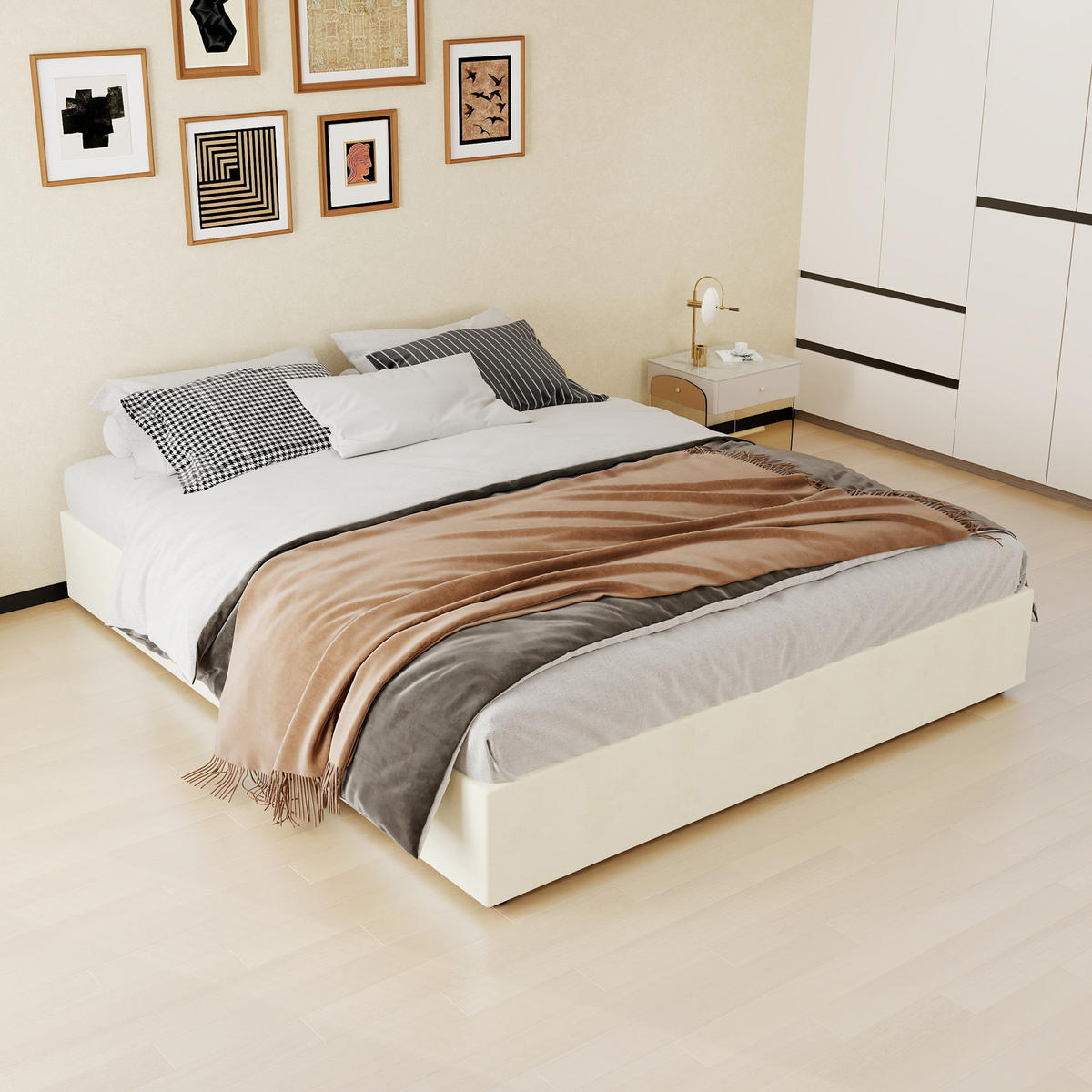 POLSTERBETT 160/200 mit Gasdruckfedern und Samtbezug in Beige - Beige, Holz/Holzwerkstoff (160/200cm) - EVRYAE