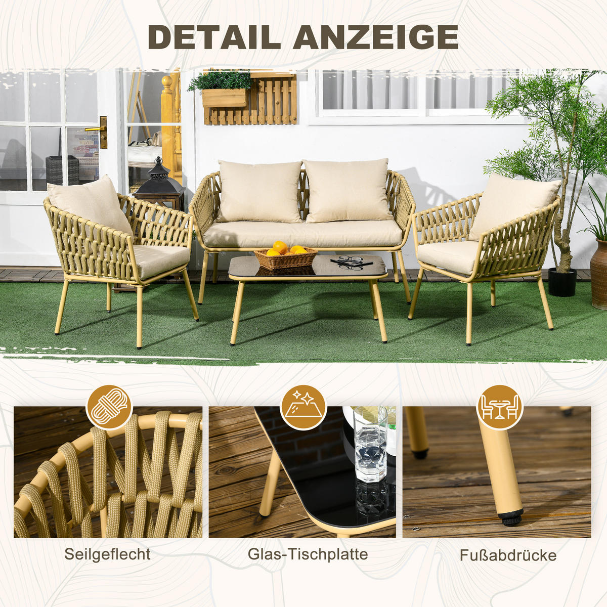 GARTENMÖBEL-SET mit Kissen, für Garten, Terrasse, Stahl, Khaki - Naturfarben, Kunststoff - Outsunny