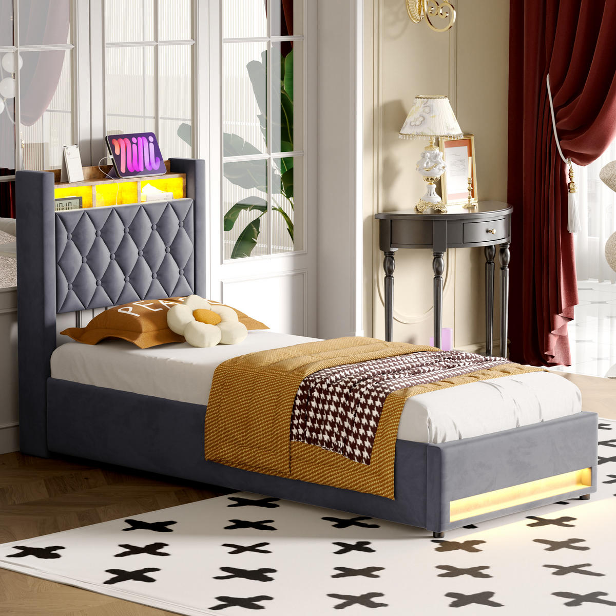 POLSTERBETT 90/190 cm mit Stauraum-Kopfteil und LED-Lichtleiste aus Samt, Grau - Grau, Textil (90/190cm) - Redom