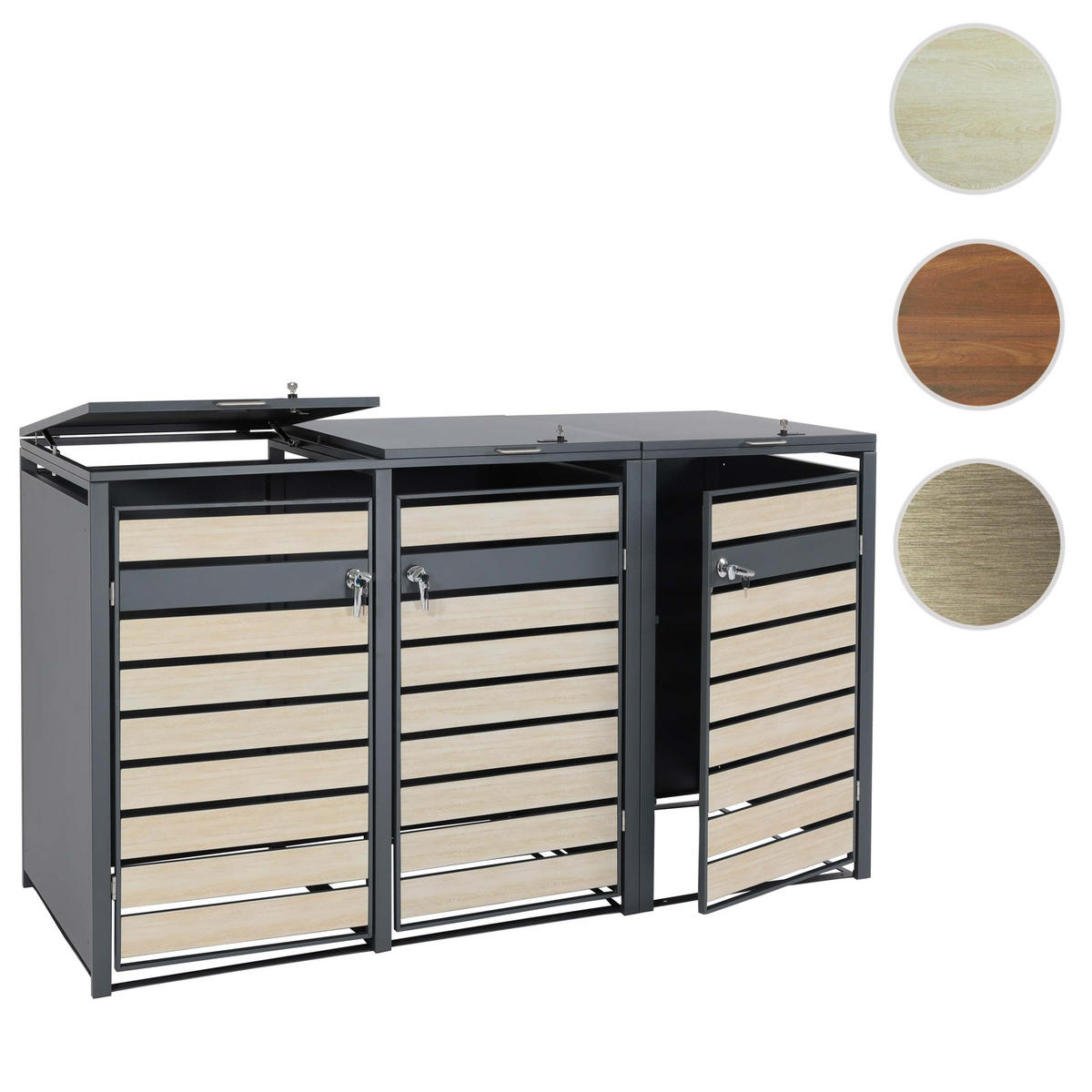 MÜLLTONNENBOX 3er/6er XL 117x215x98cm Metall 95kg Anthrazit Buche-Holzoptik Hellbraun - Hellbraun, Metall (215/117/98cm) - PROREGAL