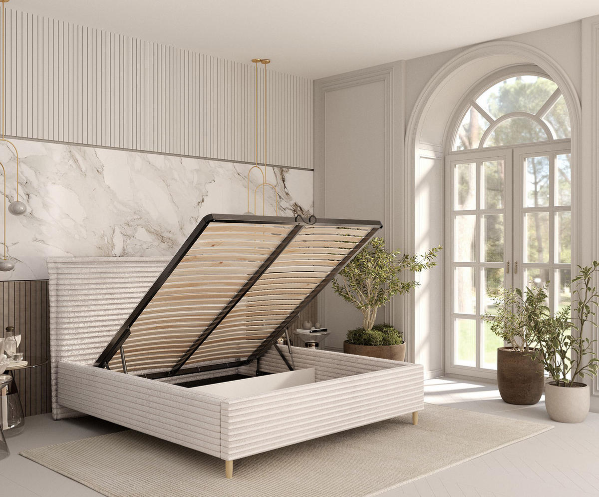 POLSTERBETT Cape Cod Creme 140/200 cm im Samtstoff - Creme/Naturfarben, Holz/Holzwerkstoff (140/200cm) - Maison de Reve