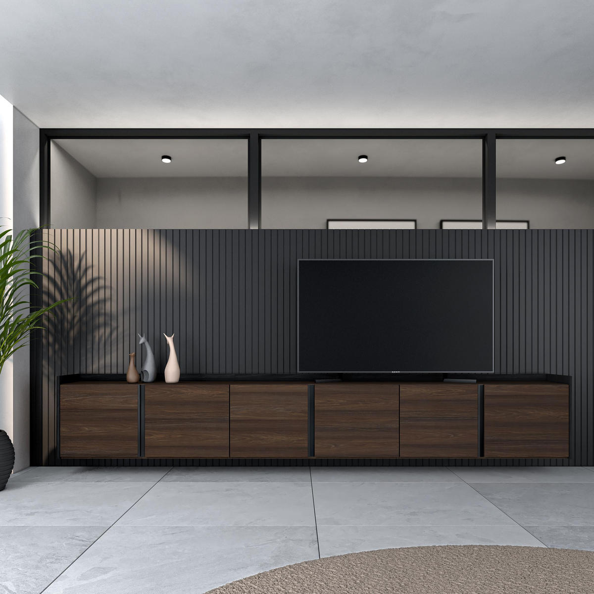 LOWBOARD, Dunkler Eiche und Schwarz, 309/35/50cm, Hängend - Dunkelbraun, Holzwerkstoff (309/50/35cm) - Skraut Home