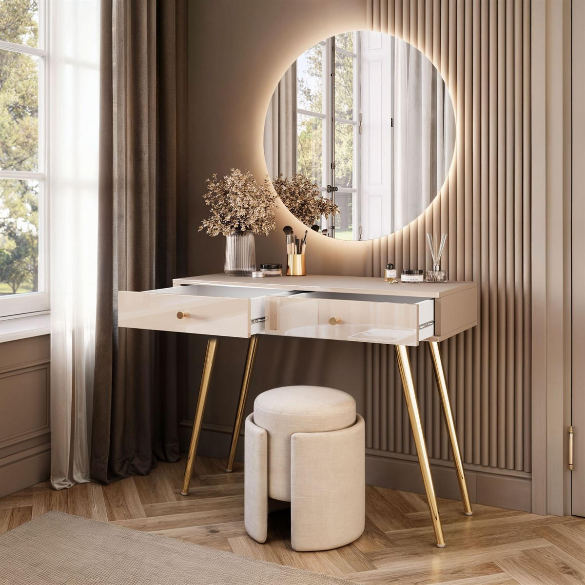 SCHMINKTISCH SIENNA GLAMOUR KASCHMIR mit LED-Spiegel - Kaschmir/Goldfarben, Holzwerkstoff (100/81/42cm)