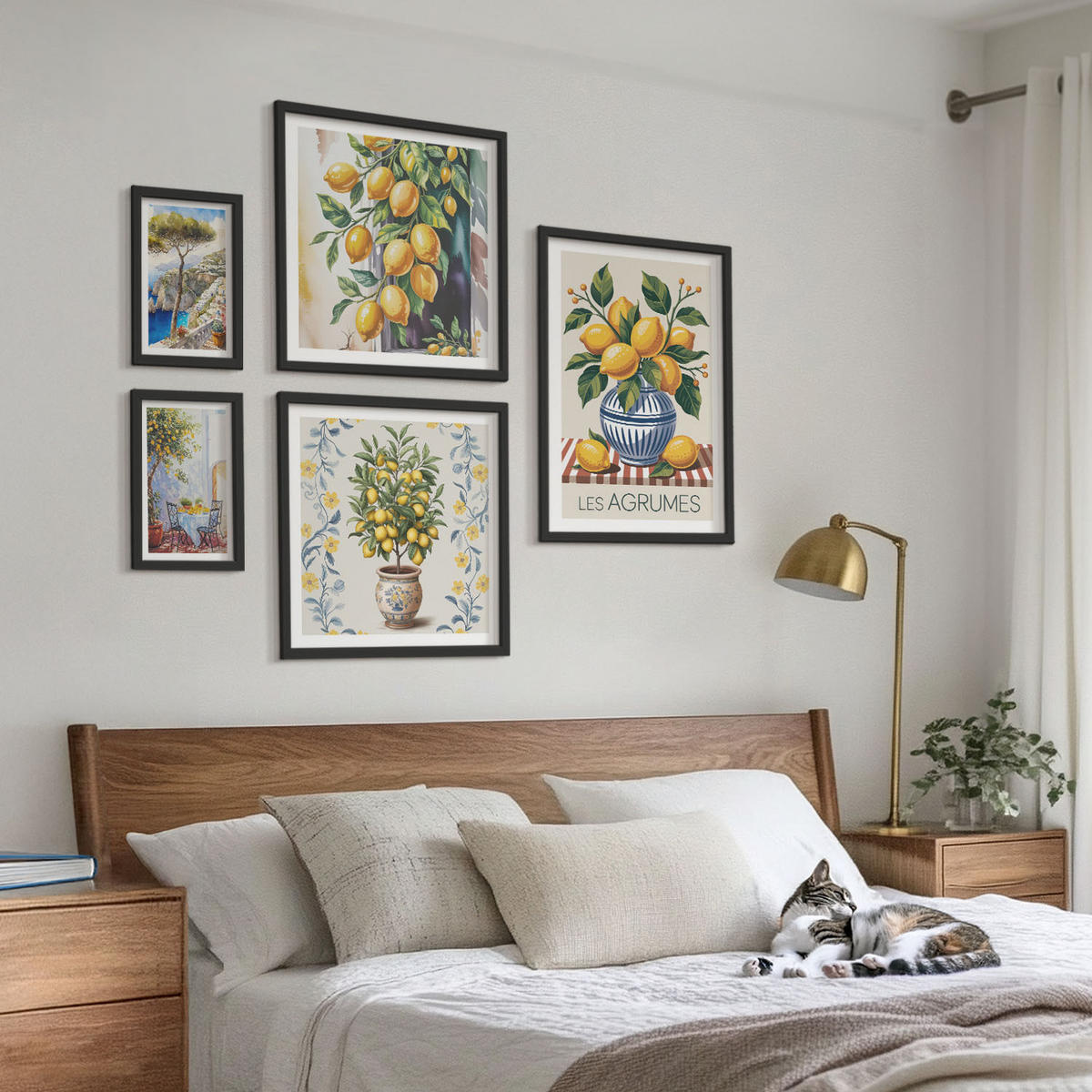 WANDBILDER 5er-Set - 50x50 cm & 20x30 cm & 40x60 cm Schwarzer Rahmen - Zitronenbäume am Meer - Schwarz, Kunststoff (40/60cm) - ArtPrintCave
