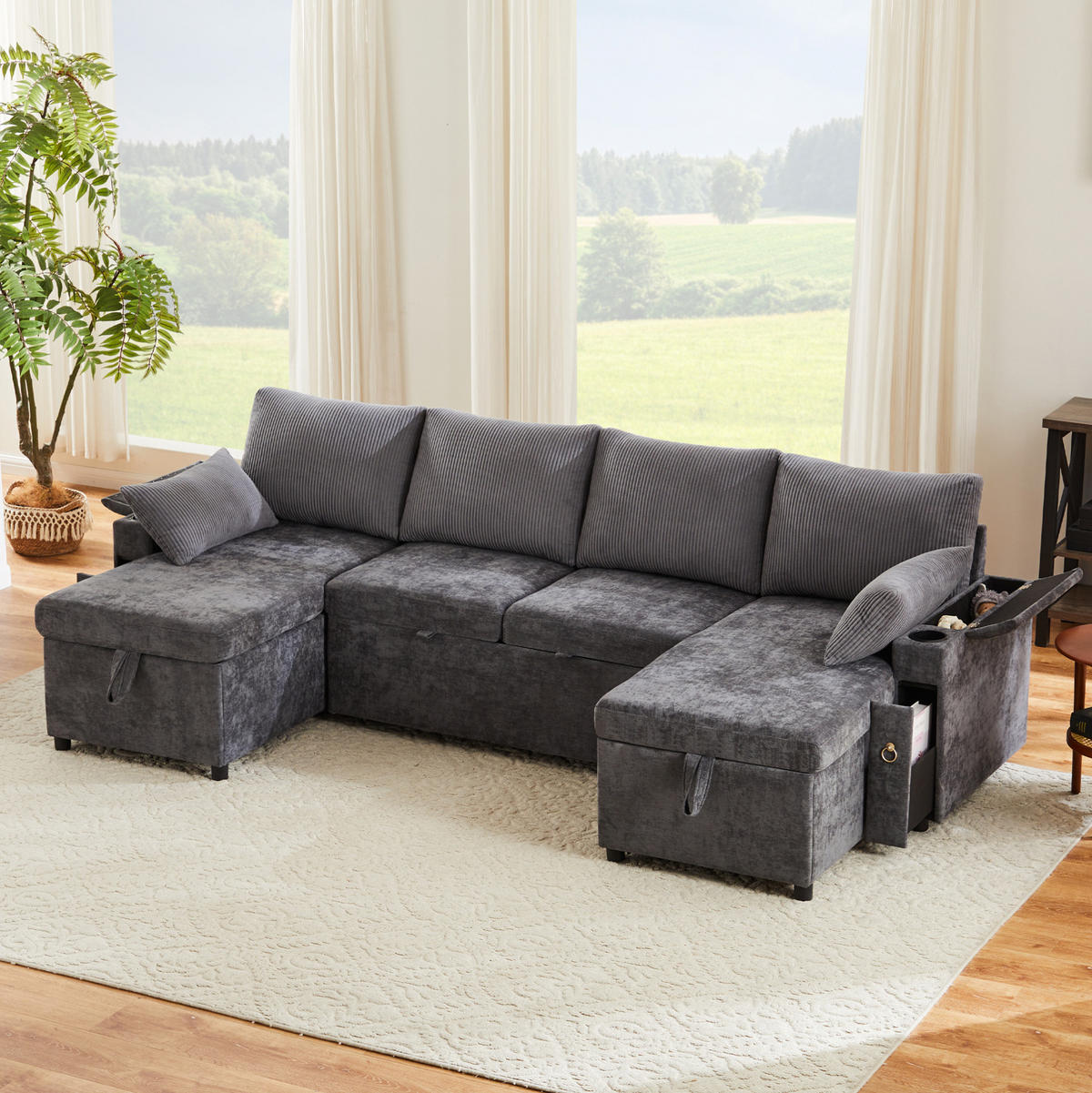 SCHLAFSOFA aus Chenille & Cord 272x131x84 cm in Grau mit Stauraum & Getränkehaltern - Grau, Textil (272/84/131cm) - Modfu