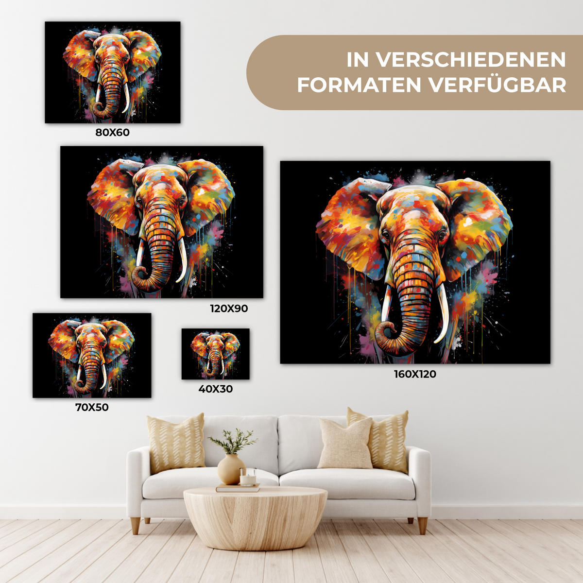 LEINWANDBILD Elefant - Graffiti - Schwarz - Tiere - Farben 80x60 cm - Schwarz, Textil (80/60cm) - MuchoWow