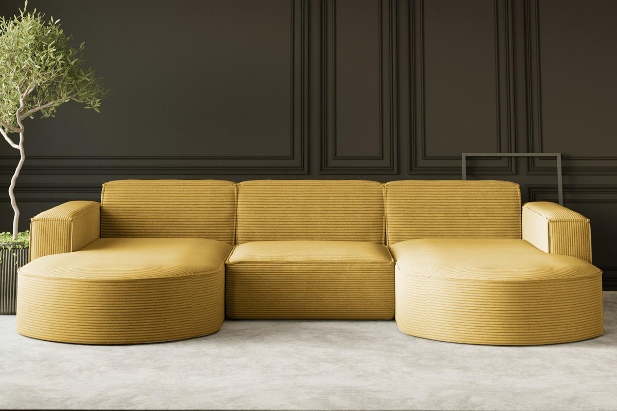 ECKSOFA Designer MODENA U STUDIO Stoff Dicker Cord Gelb - Gelb, Holz (165/299cm) - Kaiser Möbel