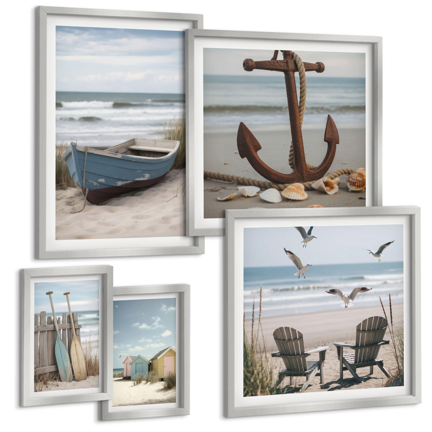 BILDER SET 5er Set - 50x50 cm & 20x30 cm & 40x60 cm Silberner Rahmen - Abstrakte Pflanzenmotive - Silberfarben, Kunststoff (40/60cm) - TULUP