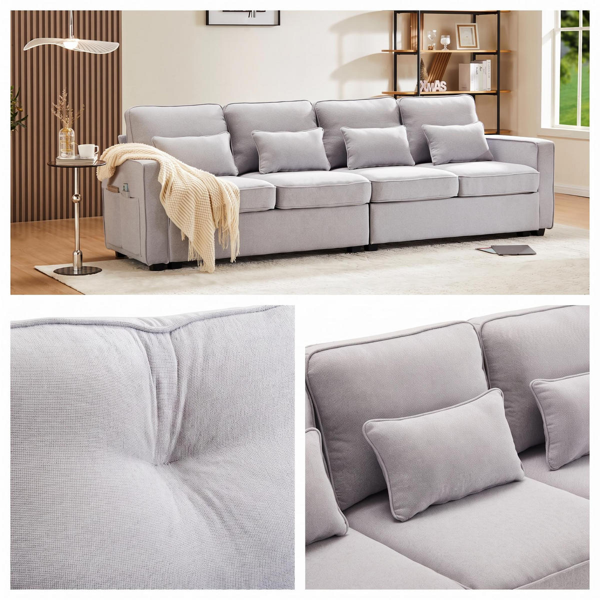 SOFA-4-SITZER,MIT Taschen und 4 Kissen, Bezug aus Leinen, Hellgrau - Grau, Textil (83/87/264cm) - Meubles Cosy