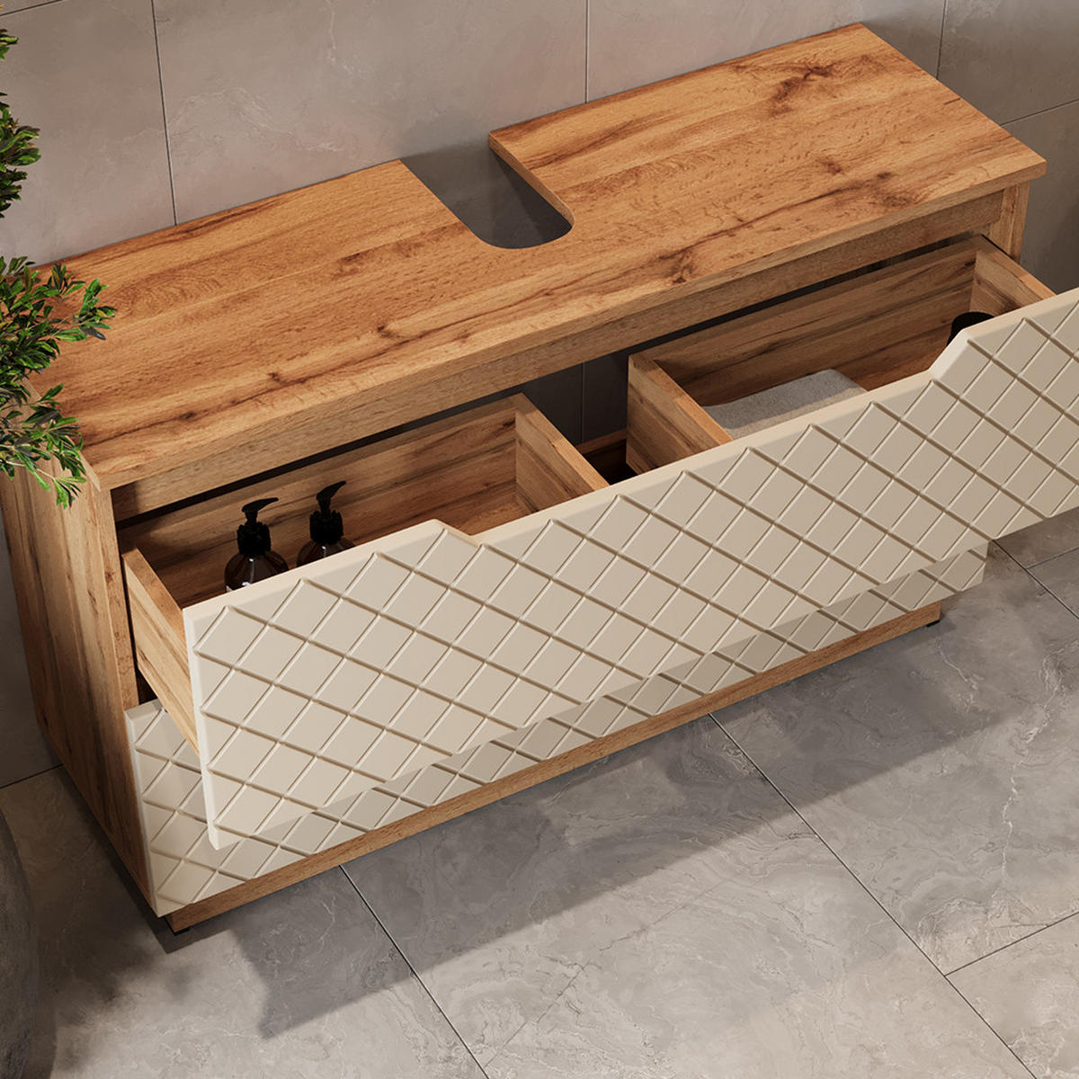 WASCHBECKENUNTERSCHRANK Lotta Eiche/Kaschmir mit Kachelstruktur 99.4 x 62.5 cm mit 2 Schubladen - Kaschmir/Eichefarben, Holzwerkstoff (99.4/62.5/32cm) - Vicco