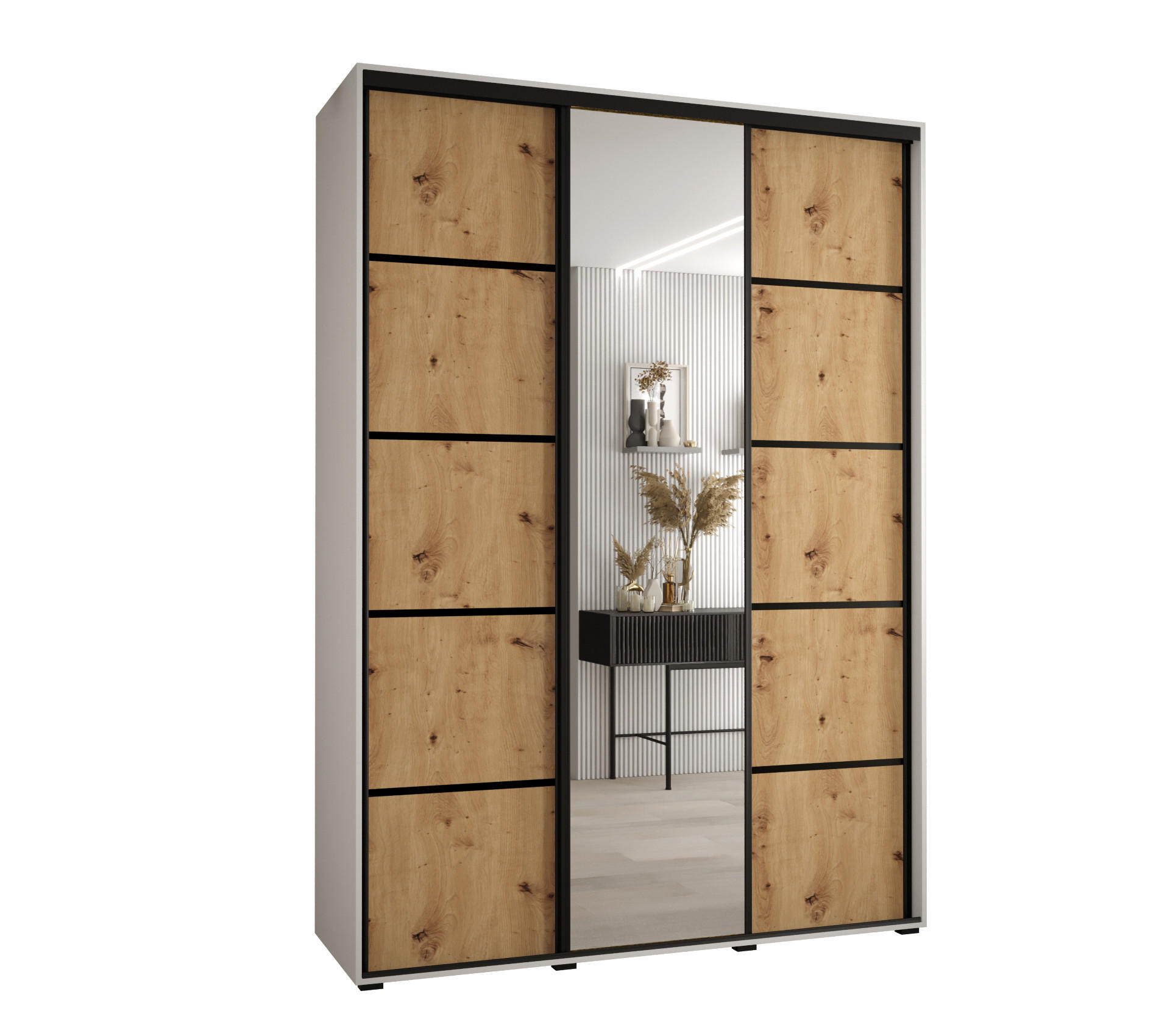 Abiks Möbel Schwebetürenschrank Weiß, Eiche Artisan, Schwarz 180x235x45 cm