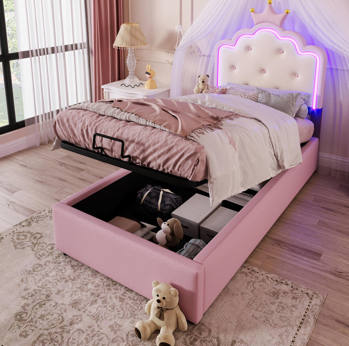 POLSTERBETT 90/200 cm mit Lattenrost, LED-Ambientelicht und hydraulischem Stauraum aus PU, Pink - Rosa, Kunststoff (90/200cm) - Redom