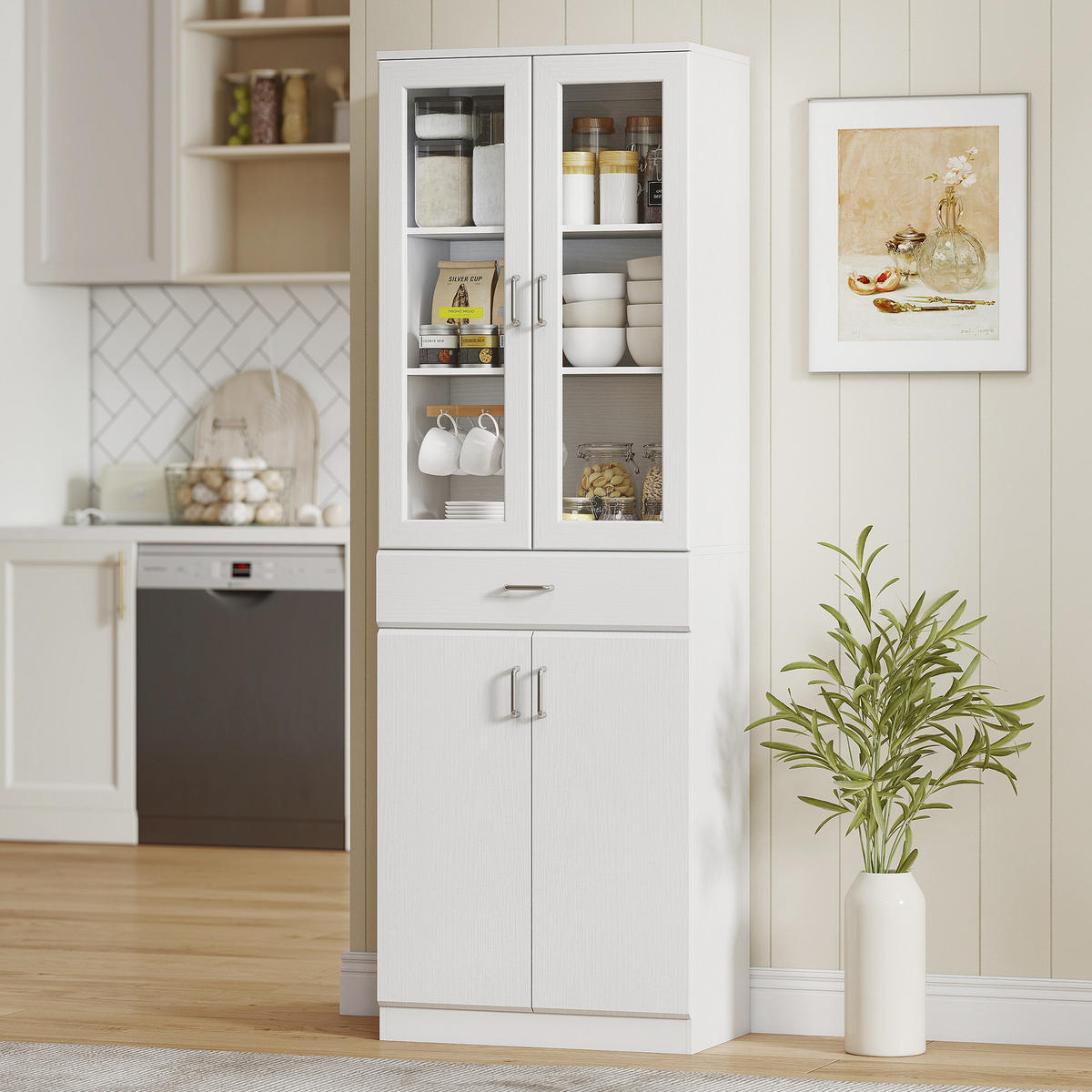 HIGHBOARD DE-11261 2 Glastüren & Schublade mit verstellbaren Böden Weiß - Weiß, Holzwerkstoff (35/180/60cm) - ComfortXL