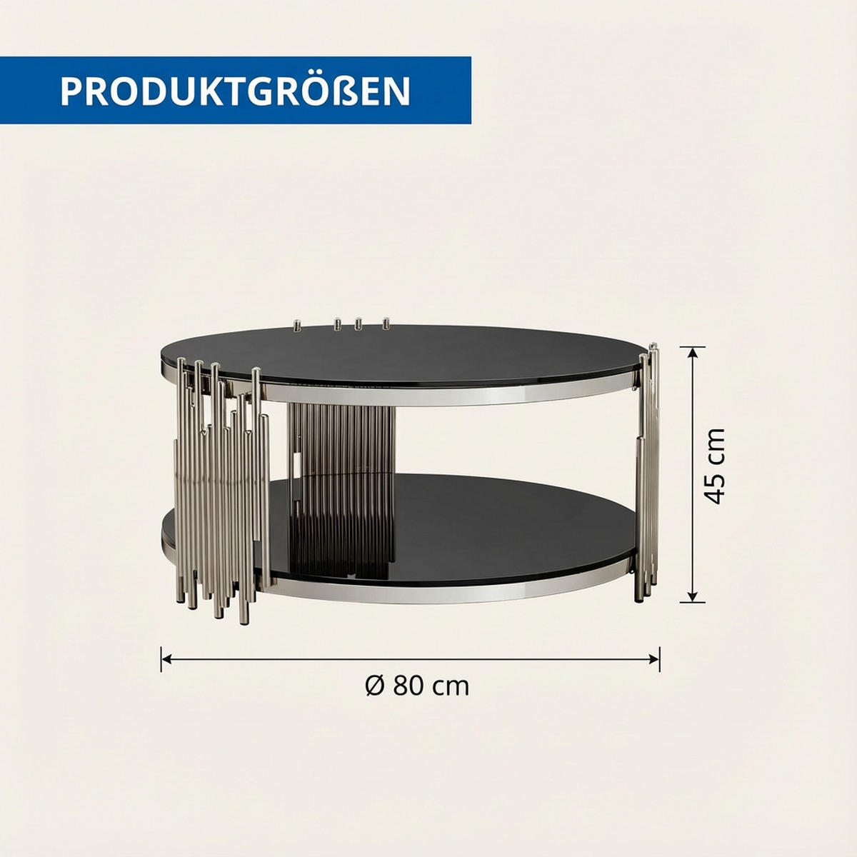 COUCHTISCH in Schwarz Runder Wohnzimmer für Wohnzimmer / Zuhause / Büro - Silberfarben/Schwarz, Glas/Holzwerkstoff (80/80/45cm) - STILVORA